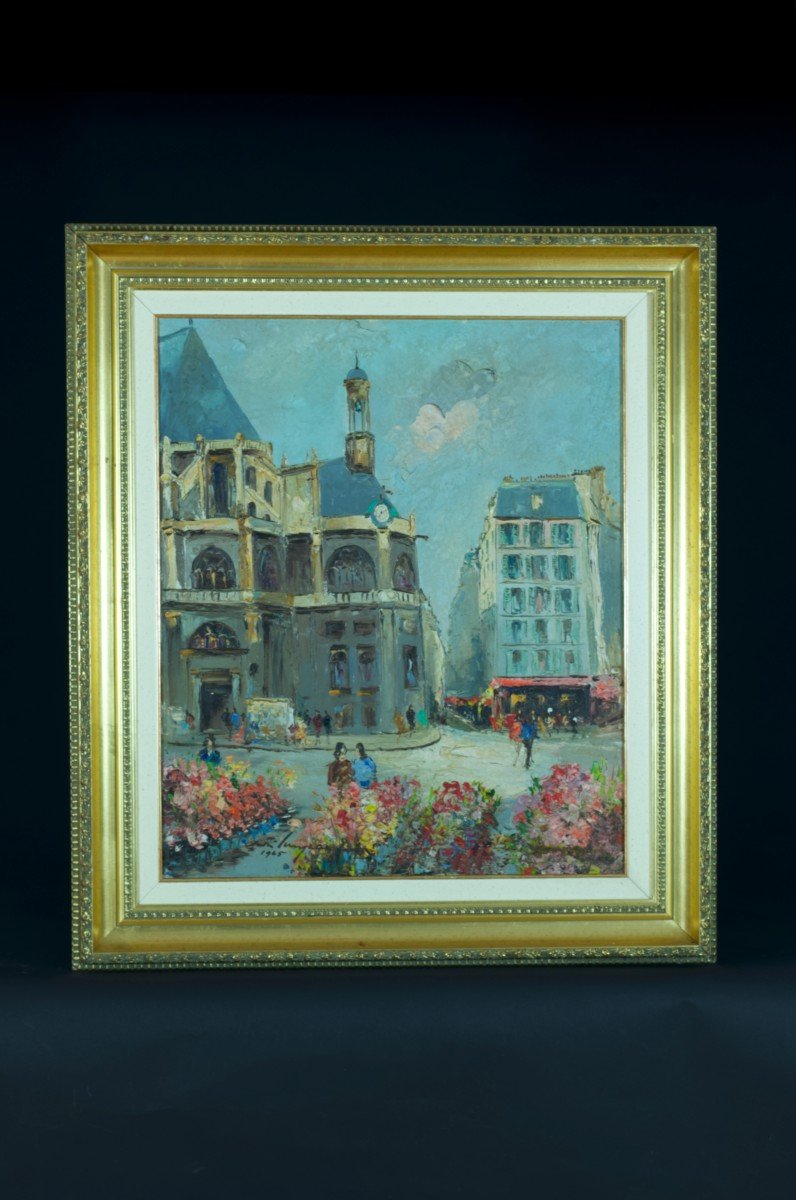 Oil On Canvas View Of Paris 1 Lively Street Saint Eustache Church Les Halles 20th -photo-7