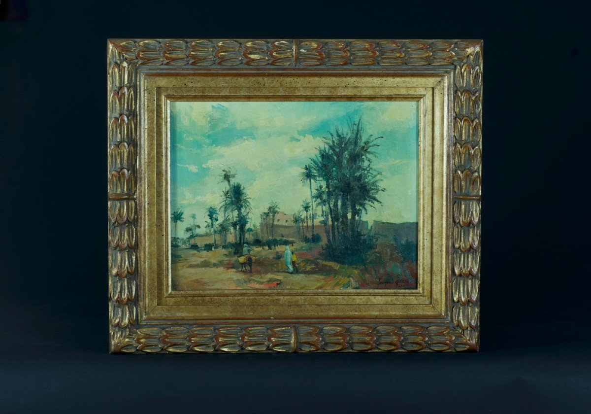 Jacques Garde Ancien Tableau Orientaliste Paysage Ville De Marrakech Maroc  Hst Le Teil -photo-2