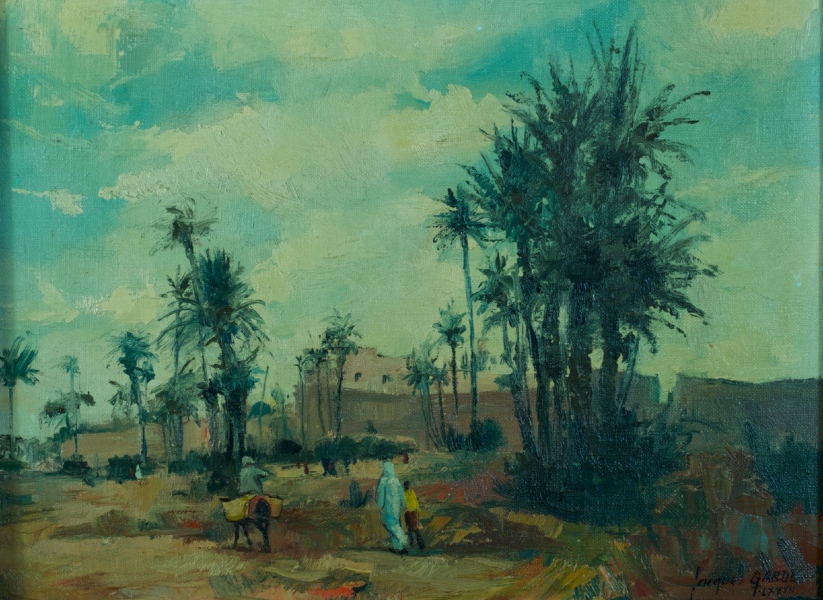 Jacques Garde Ancien Tableau Orientaliste Paysage Ville De Marrakech Maroc  Hst Le Teil -photo-3