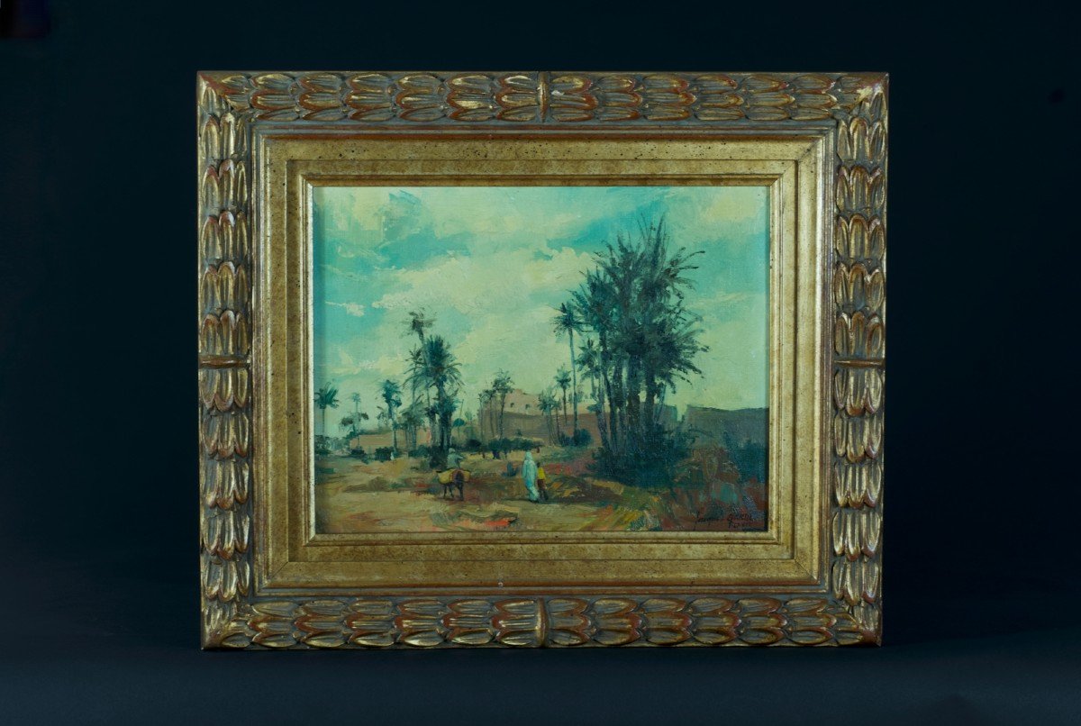 Jacques Garde Ancien Tableau Orientaliste Paysage Ville De Marrakech Maroc  Hst Le Teil -photo-5