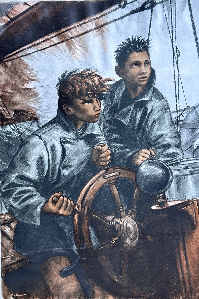 Pierre Joubert Scout Old Lithograph Portrait Of Young Sailor At The Helm Send-photo-2