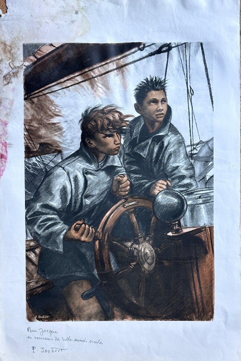 Pierre Joubert Scout Old Lithograph Portrait Of Young Sailor At The Helm Send-photo-1