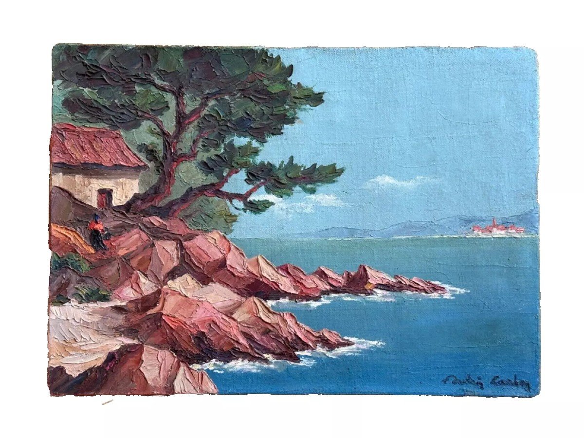 Old Provencal School Painting Animated Seaside Pines Signed 1930 Sv Gustave Vidal Marine-photo-4