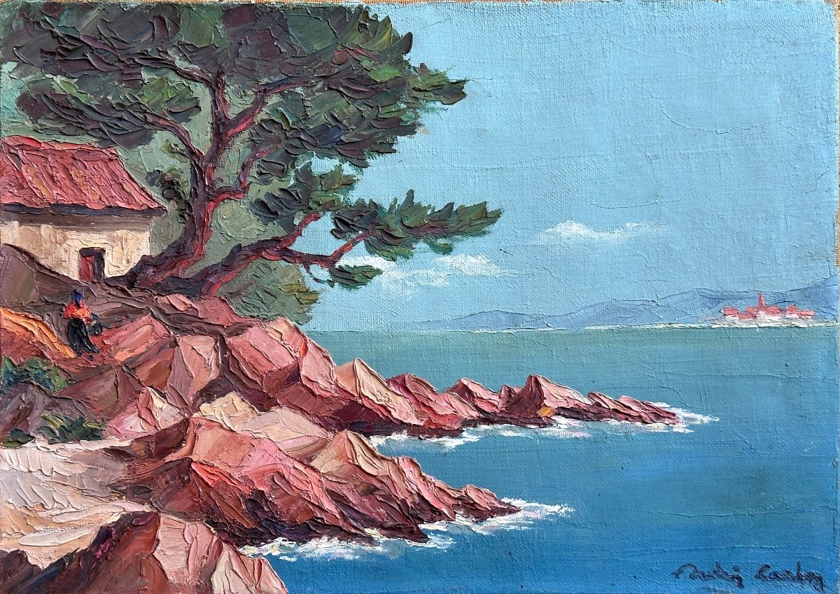 Old Provencal School Painting Animated Seaside Pines Signed 1930 Sv Gustave Vidal Marine