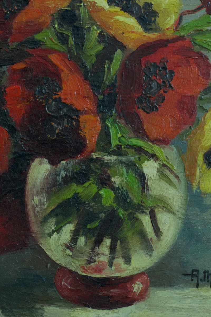 Anne Mari-roustan Old Painting Bouquet Of Poppies Corsican Poppies Still Life Vase 1930-photo-4