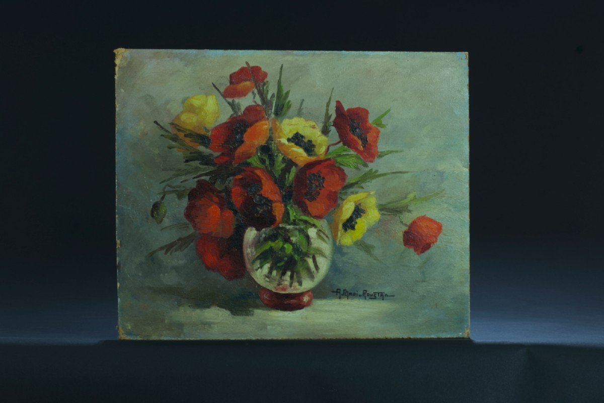 Anne Mari-roustan Old Painting Bouquet Of Poppies Corsican Poppies Still Life Vase 1930-photo-4