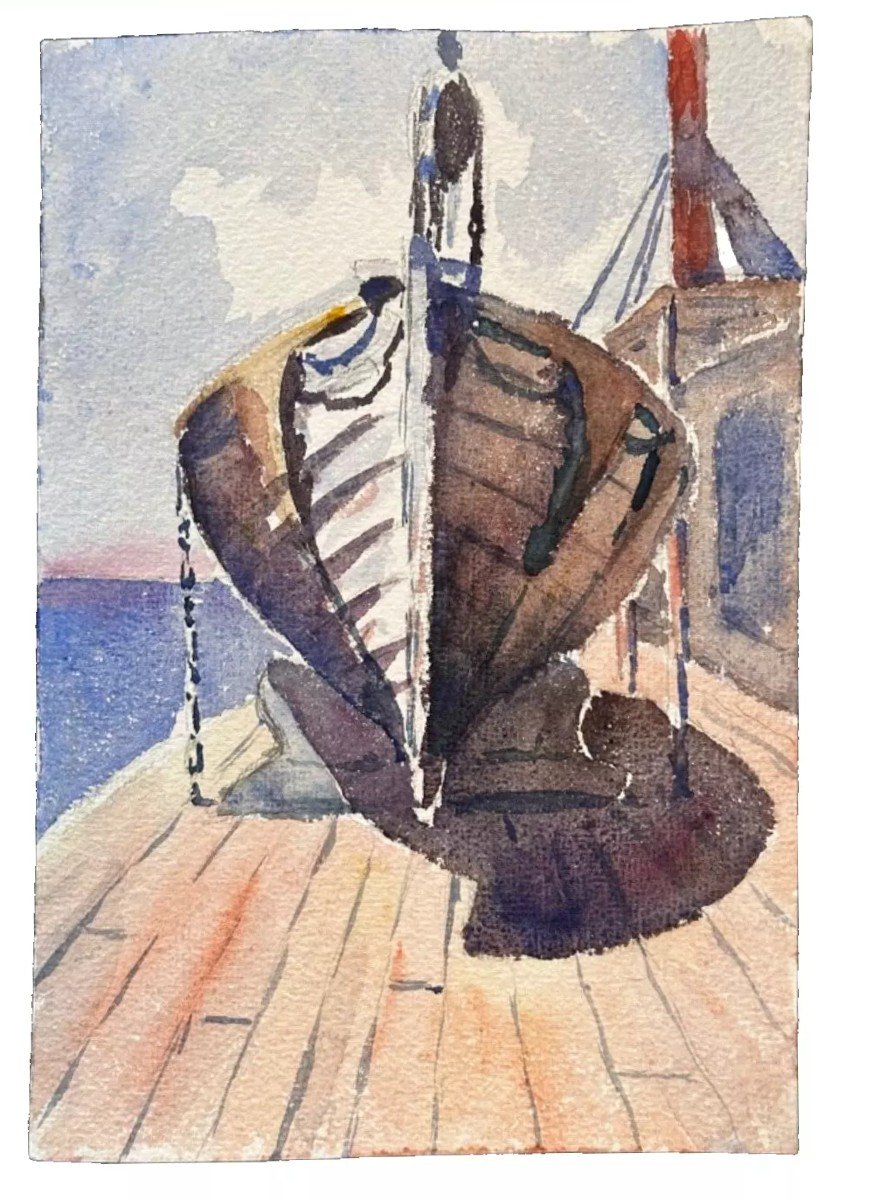 Mattéo Brondy Ancien Dessin Original Ciel Marine Orientaliste  1917 Maroc Bateau Annexe -photo-4