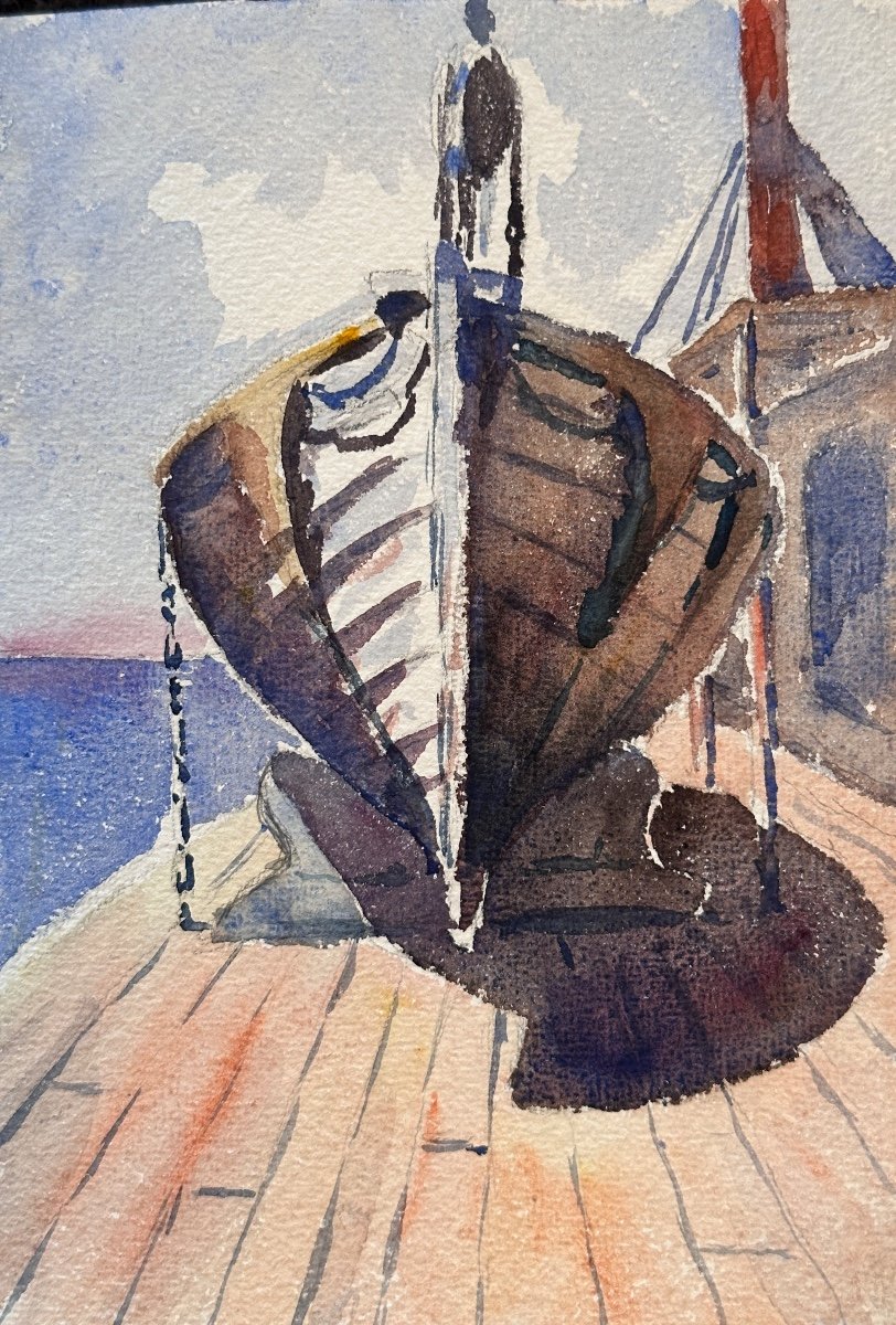 Mattéo Brondy Ancien Dessin Original Ciel Marine Orientaliste  1917 Maroc Bateau Annexe 