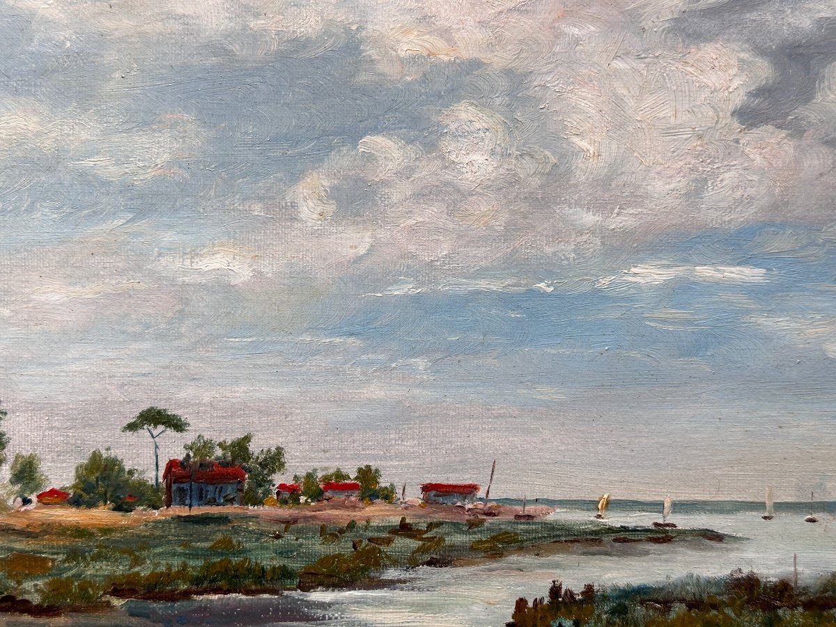 Tableau Ancien Vue Du Bassin d' Arcachon Marine La Teste  de Buch Bateau Signé 1900 Ciel 