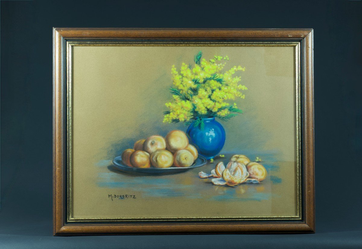 Old Painting Still Life Bouquet Of Mimosas Vase Ball Clementine Dorbritz 30-photo-2