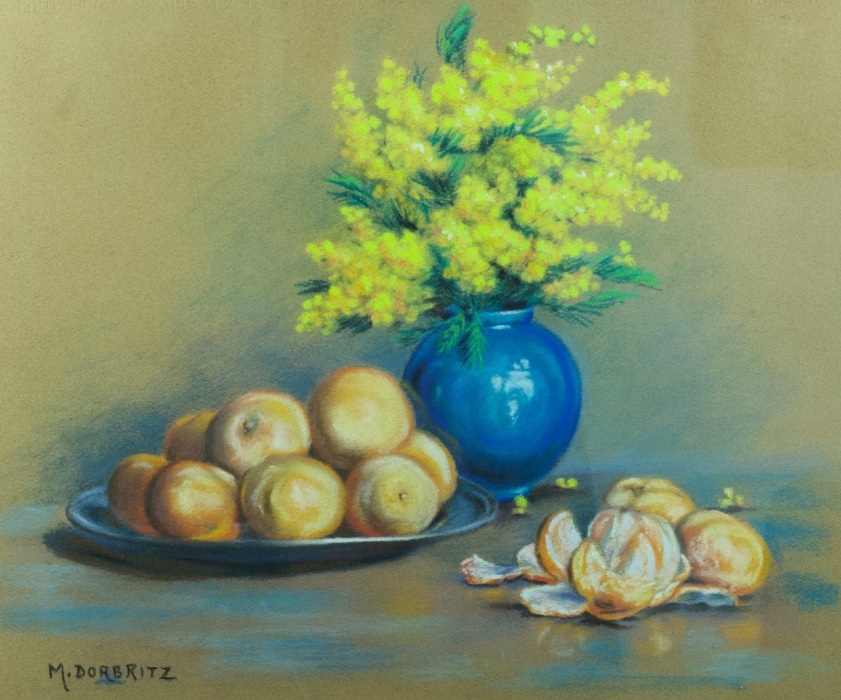 Old Painting Still Life Bouquet Of Mimosas Vase Ball Clementine Dorbritz 30-photo-3