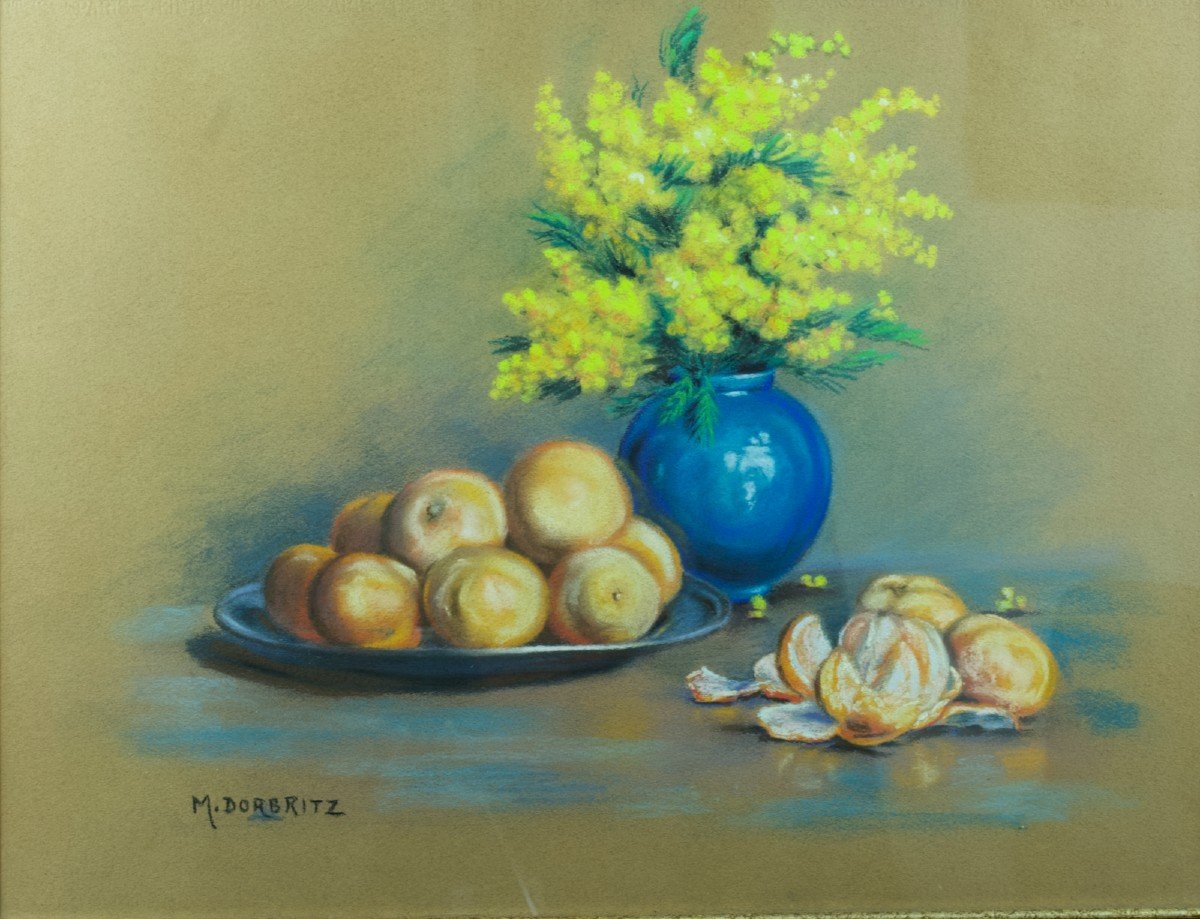 Old Painting Still Life Bouquet Of Mimosas Vase Ball Clementine Dorbritz 30-photo-4