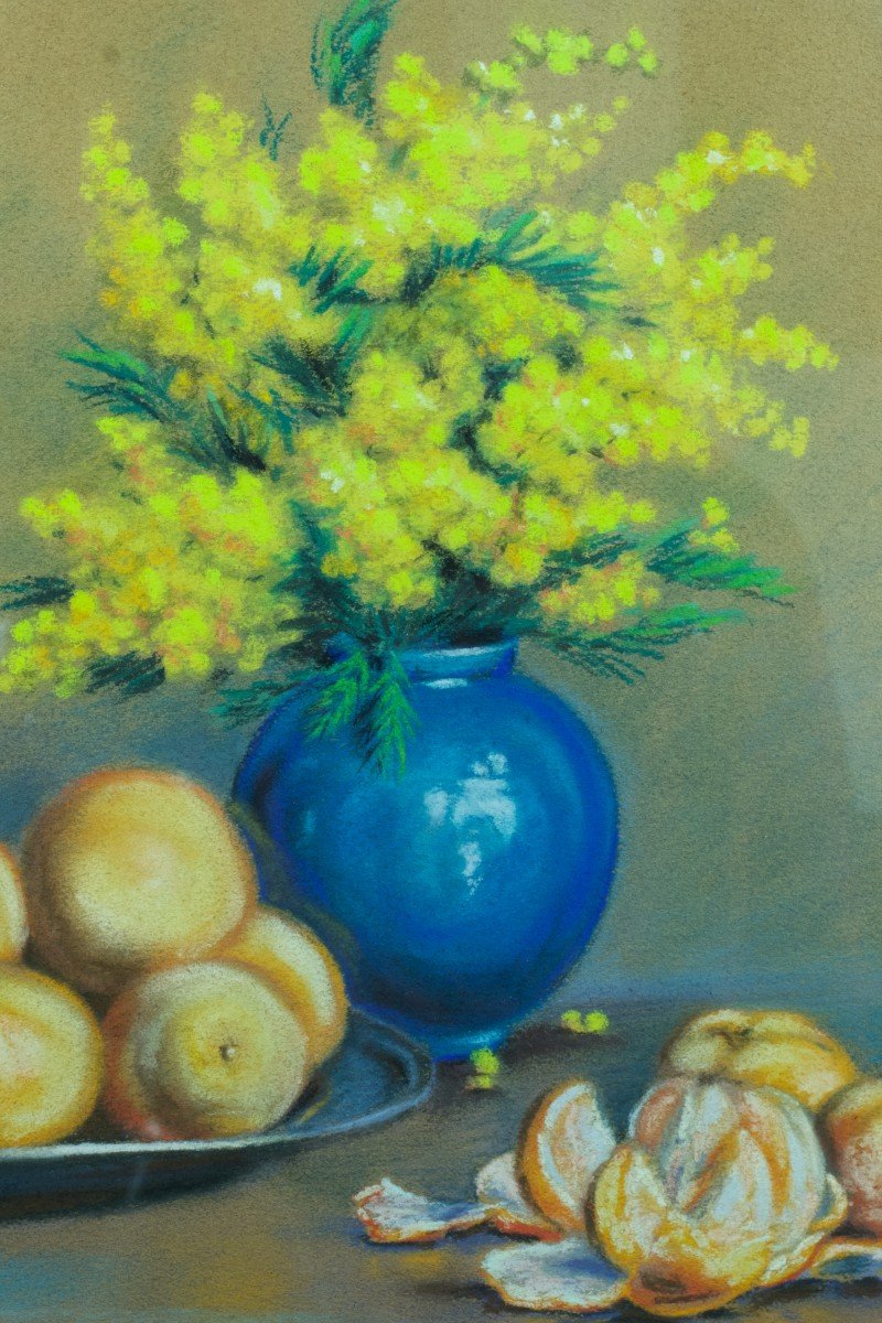 Old Painting Still Life Bouquet Of Mimosas Vase Ball Clementine Dorbritz 30-photo-1