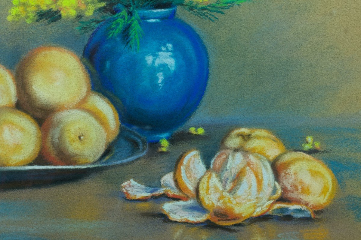 Old Painting Still Life Bouquet Of Mimosas Vase Ball Clementine Dorbritz 30-photo-3