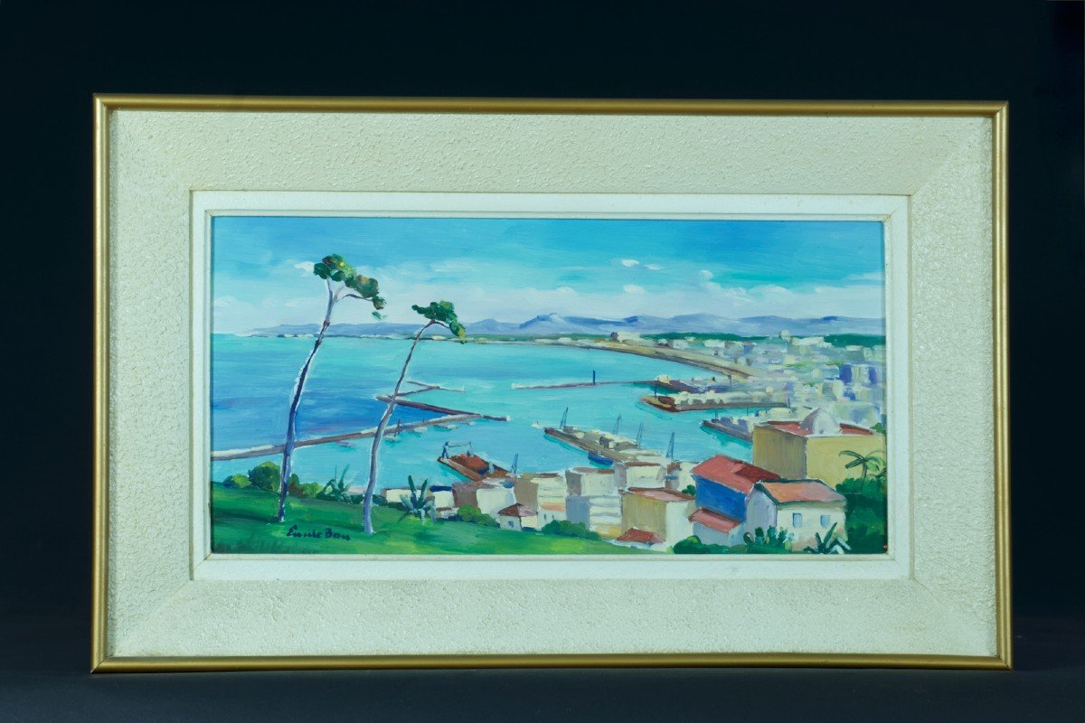  Emile Bou  Ancien Tableau Orientaliste Vue Du Port Baie Alger Art Déco Panorama Marine Algérie-photo-2