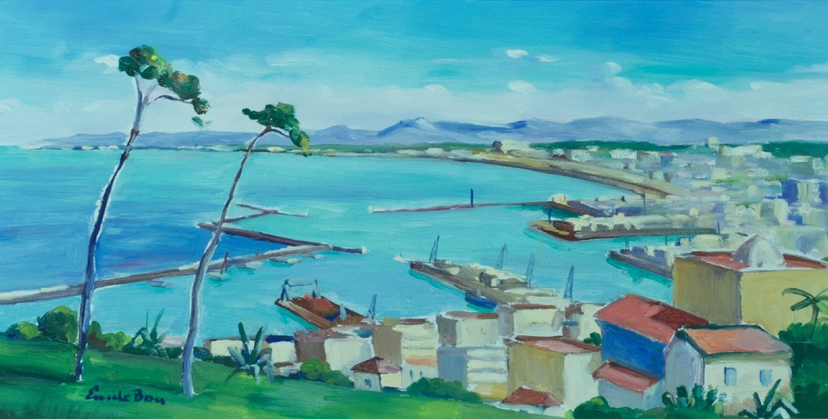  Emile Bou  Ancien Tableau Orientaliste Vue Du Port Baie Alger Art Déco Panorama Marine Algérie-photo-3