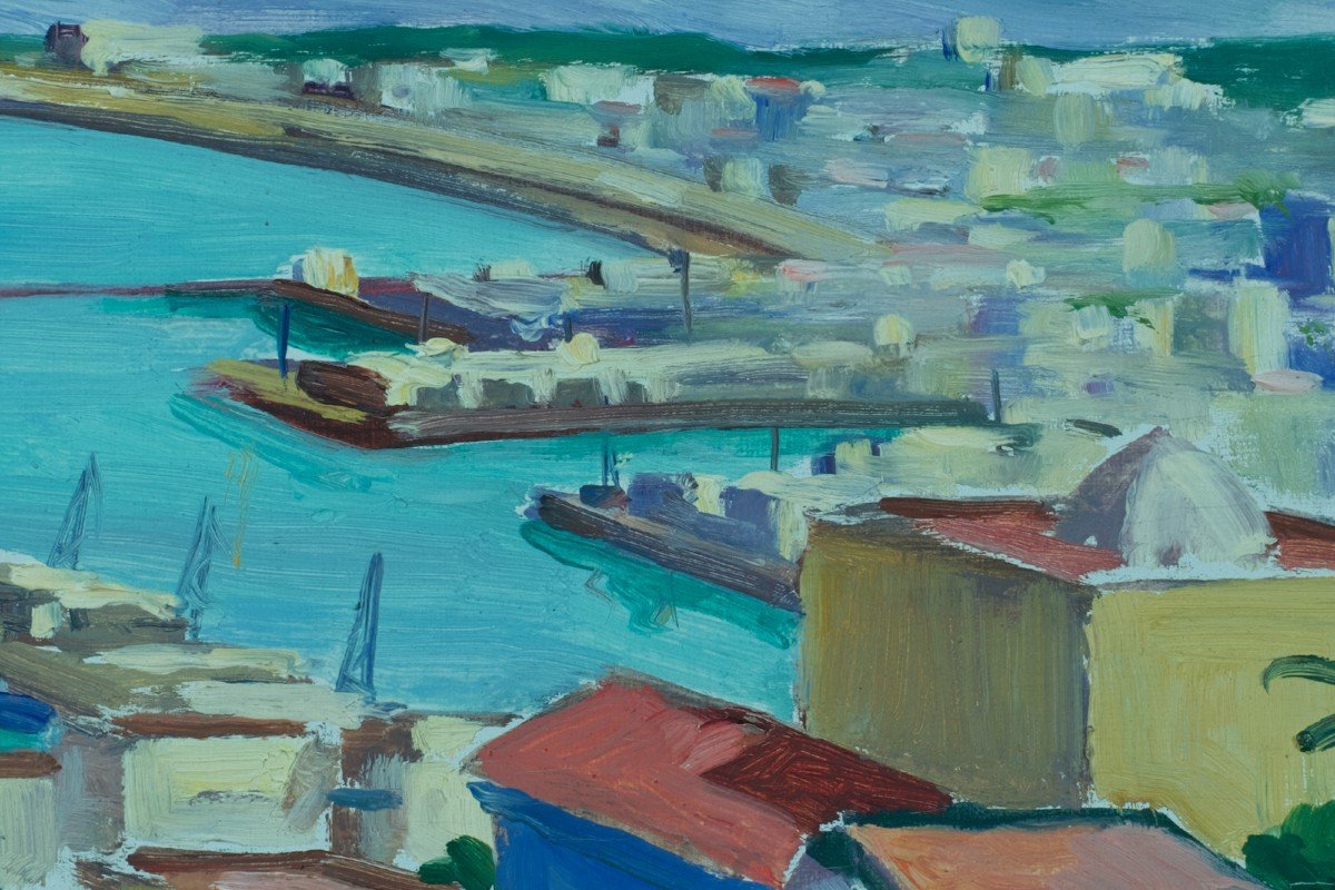  Emile Bou  Ancien Tableau Orientaliste Vue Du Port Baie Alger Art Déco Panorama Marine Algérie-photo-2