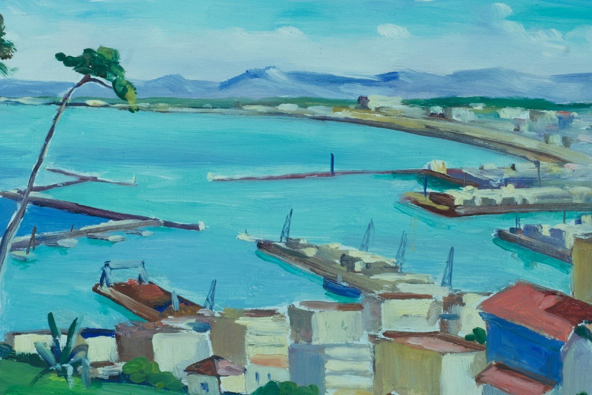  Emile Bou  Ancien Tableau Orientaliste Vue Du Port Baie Alger Art Déco Panorama Marine Algérie-photo-3