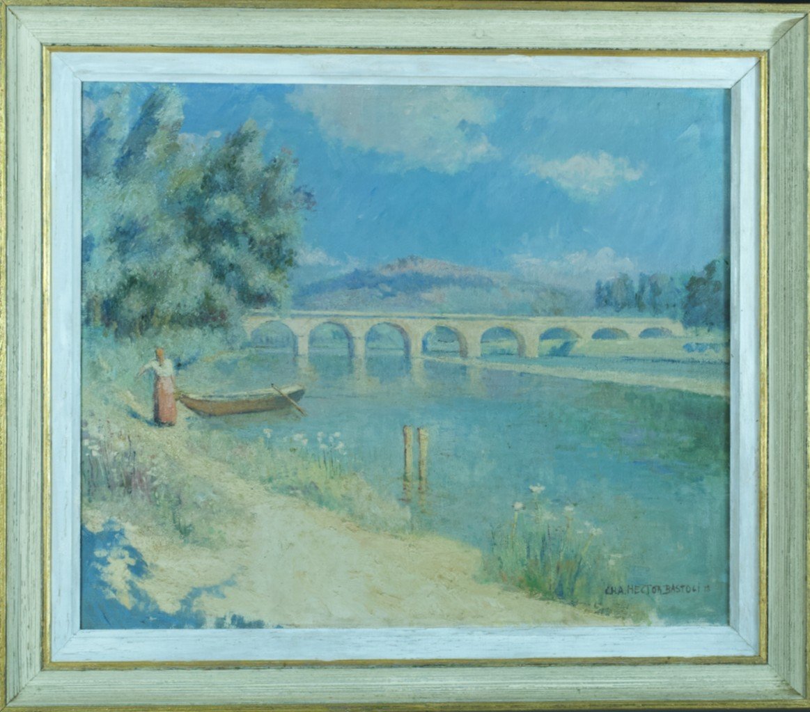 Bastogy Ancien Tableau Impressionniste Paysage Bord De Rivière Animée Provence Eté Fleurs -photo-4