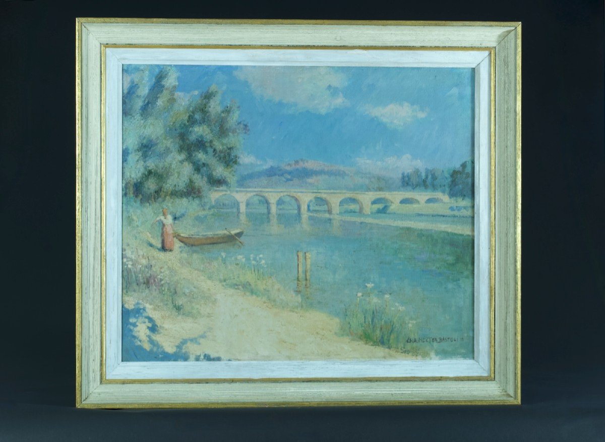 Bastogy Ancien Tableau Impressionniste Paysage Bord De Rivière Animée Provence Eté Fleurs -photo-5