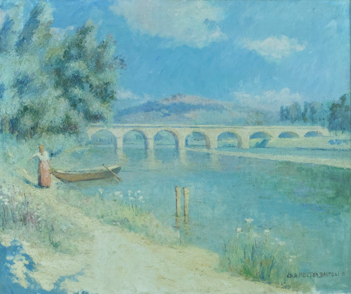 Bastogy Ancien Tableau Impressionniste Paysage Bord De Rivière Animée Provence Eté Fleurs 