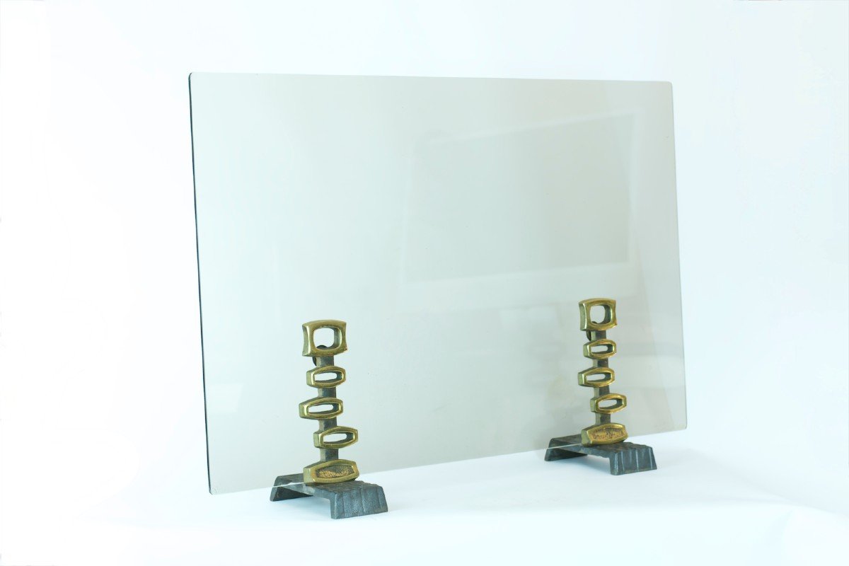 Ecran De Cheminé Moderniste Pare Feu Brutaliste Bronze Verre Design Vintage 1970-photo-2