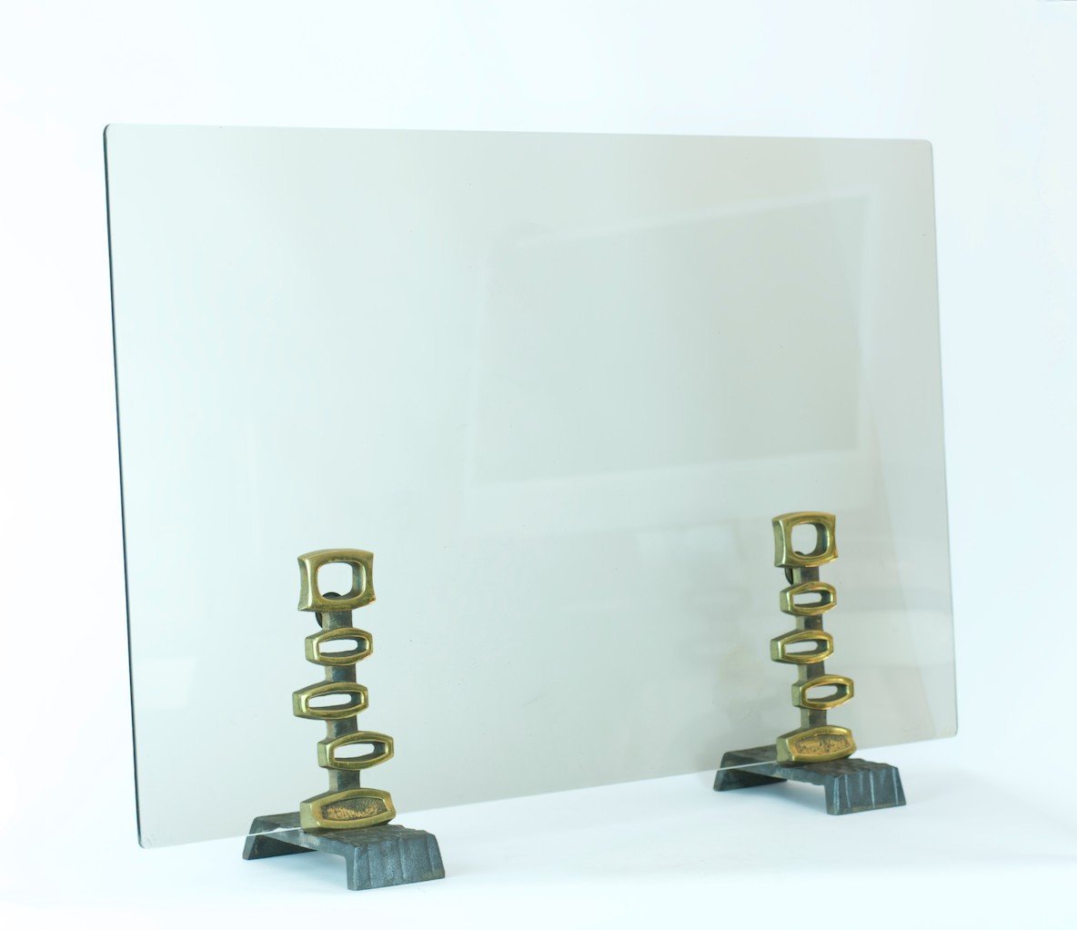 Ecran De Cheminé Moderniste Pare Feu Brutaliste Bronze Verre Design Vintage 1970-photo-3