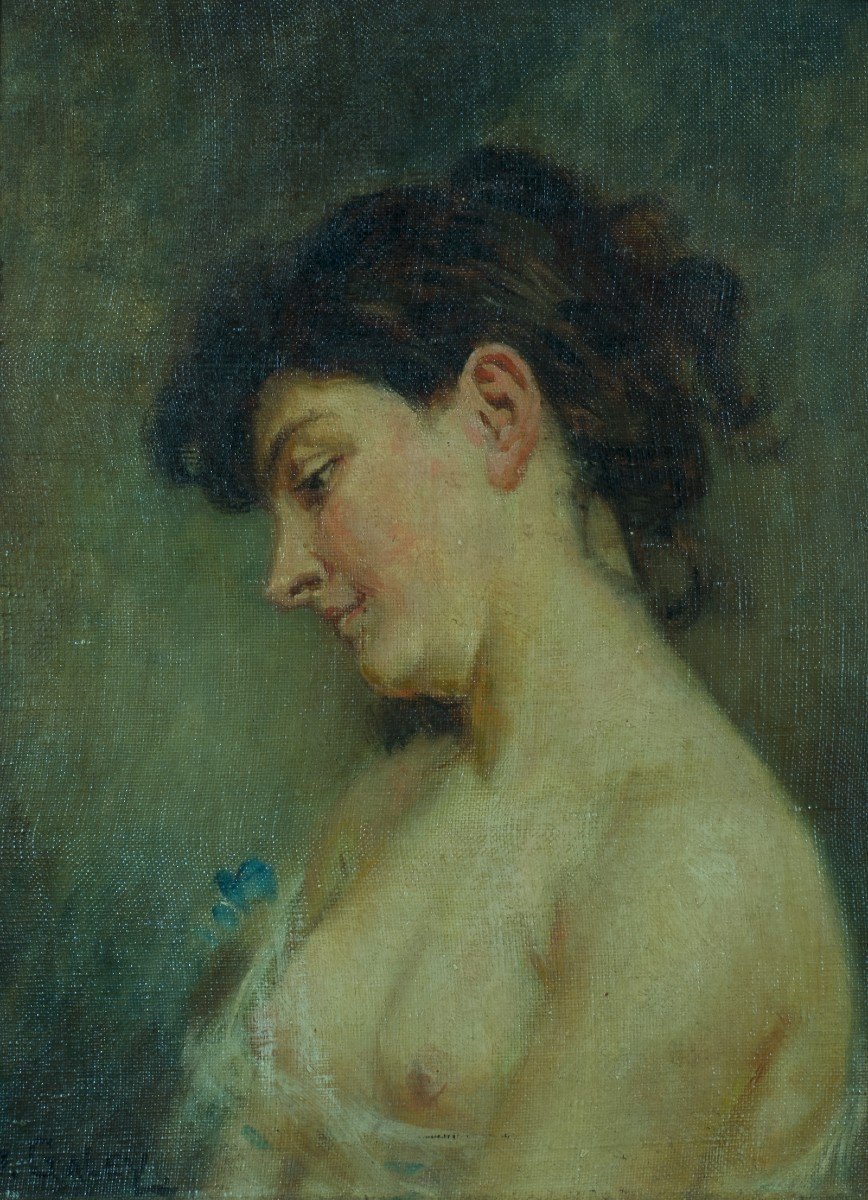 Jean Fabien Galey Ancien Tableau Art Nouveau Portrait De Jeune Femme Profil Nue Biarritz-photo-4