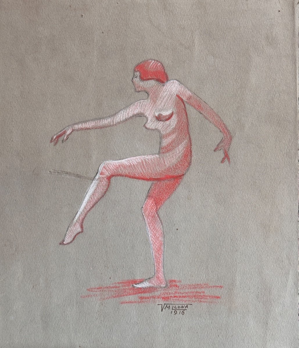 Vm Llona Drawing Portrait Nude Woman Dancer Isadora Duncan Chicago Art Deco American Art -photo-2