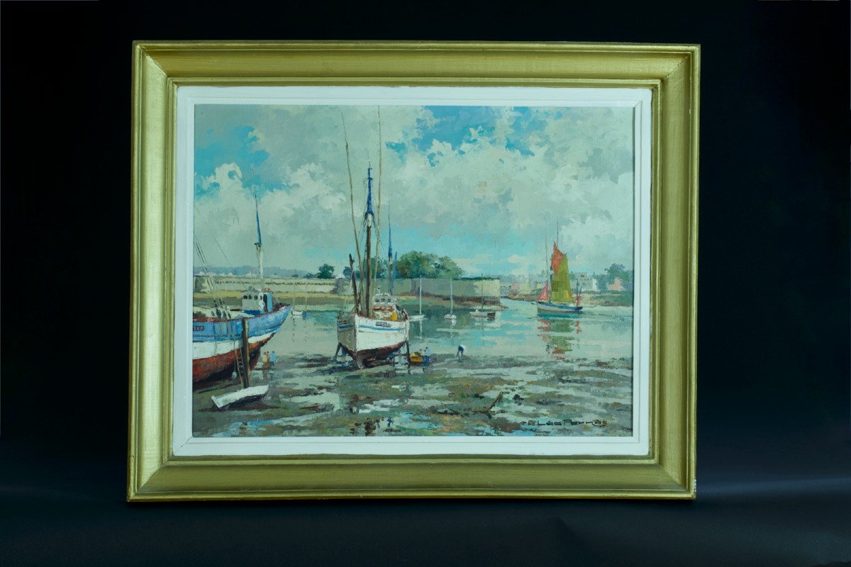 Léo Pernes Old Art Deco Painting Marine Brittany The Port Of Concarneau Hst-photo-2