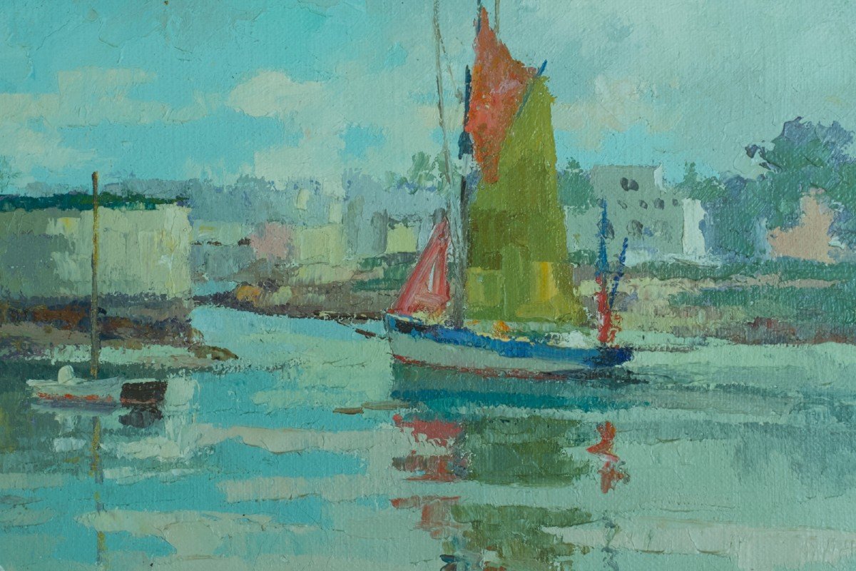 Léo Pernes Old Art Deco Painting Marine Brittany The Port Of Concarneau Hst-photo-1