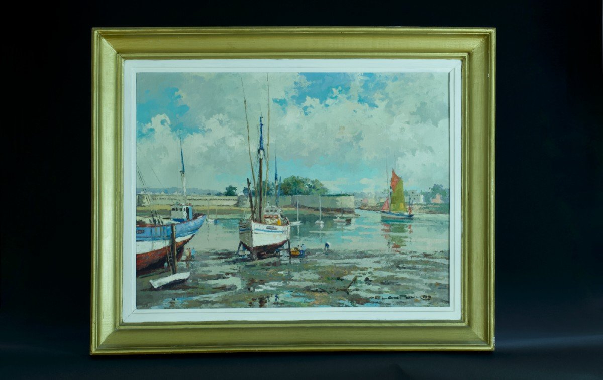 Léo Pernes Old Art Deco Painting Marine Brittany The Port Of Concarneau Hst-photo-6