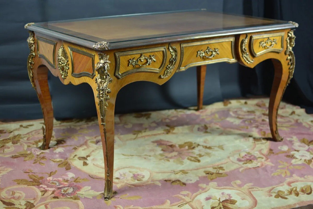 Ancien Bureau Plat Ministre St. Charles Cressent Louis XV Bronze Doré Espagnolettes-photo-2