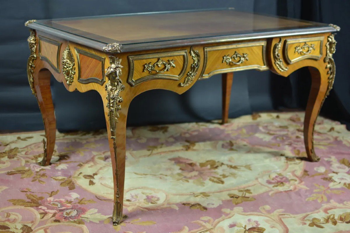 Ancien Bureau Plat Ministre St. Charles Cressent Louis XV Bronze Doré Espagnolettes-photo-6