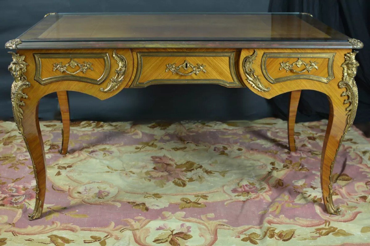 Ancien Bureau Plat Ministre St. Charles Cressent Louis XV Bronze Doré Espagnolettes