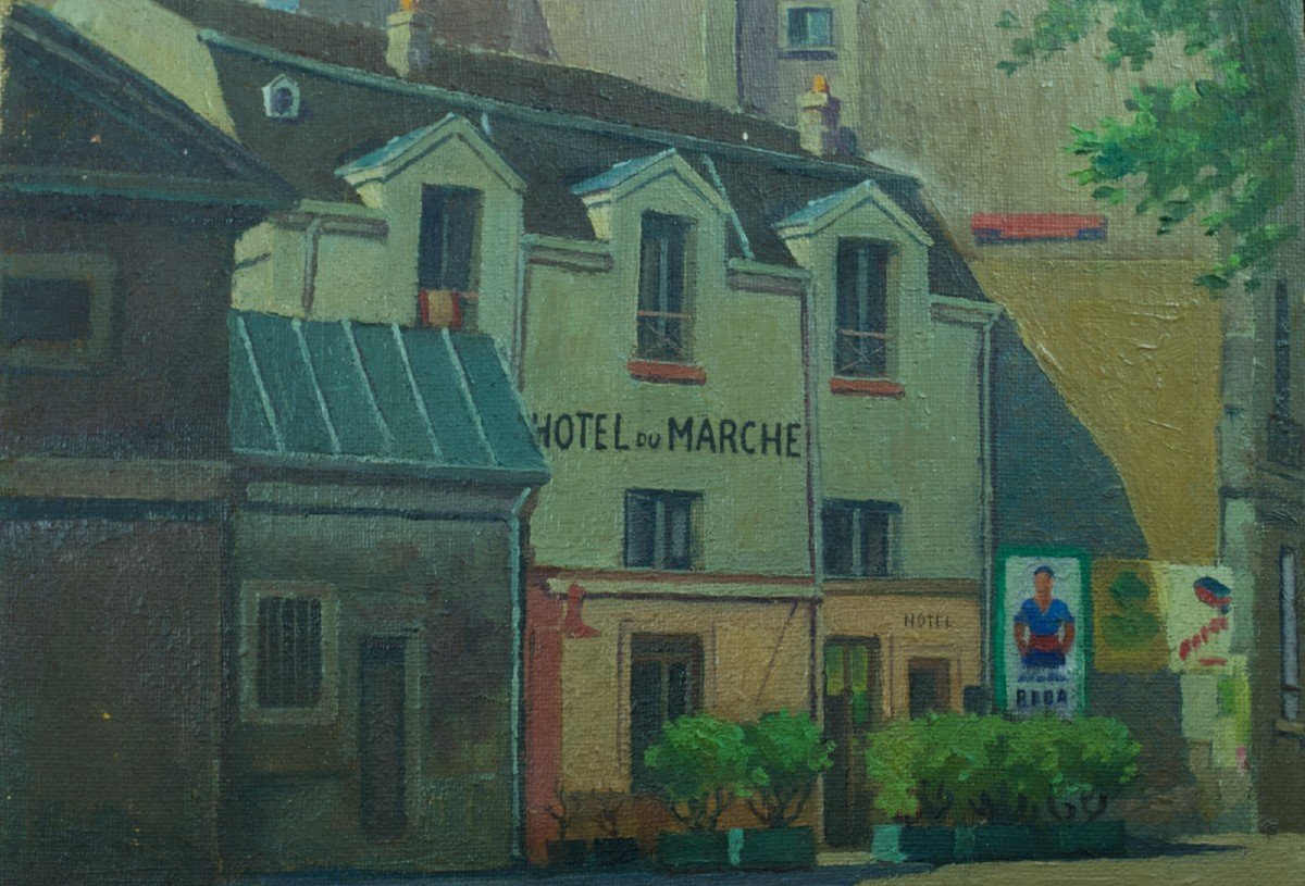 Henri Raignau Old Painting Paris Street Montmartre Hotel Du Marché Pub 1935-photo-2