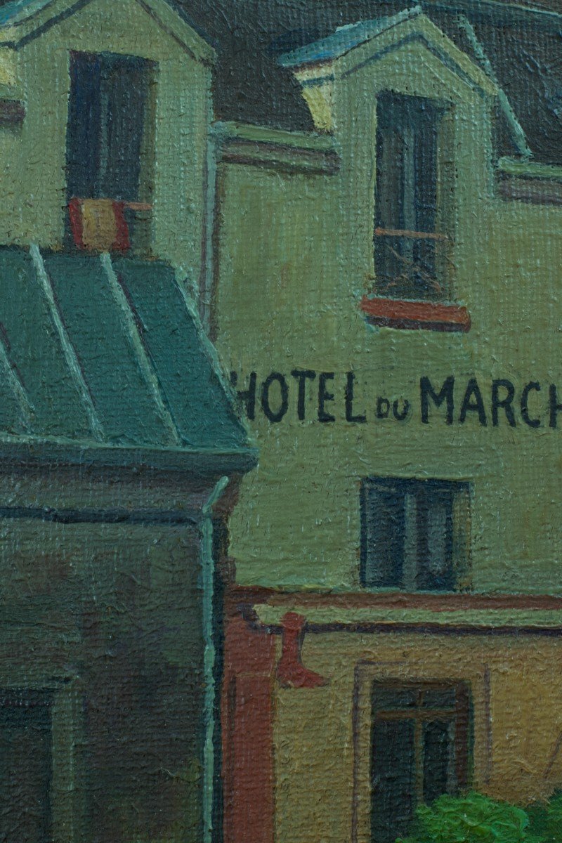 Henri Raignau Old Painting Paris Street Montmartre Hotel Du Marché Pub 1935-photo-4