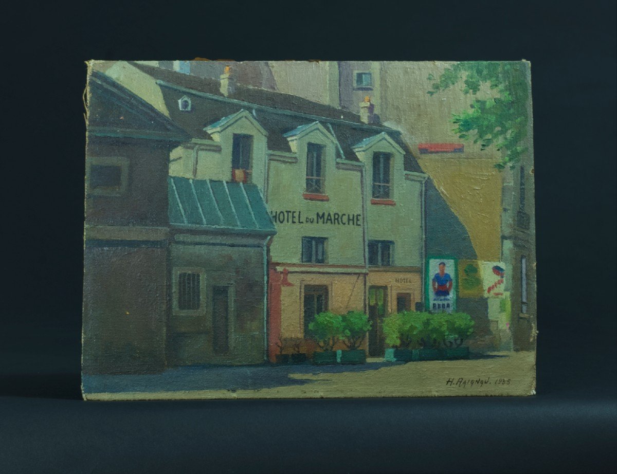 Henri Raignau Old Painting Paris Street Montmartre Hotel Du Marché Pub 1935-photo-4