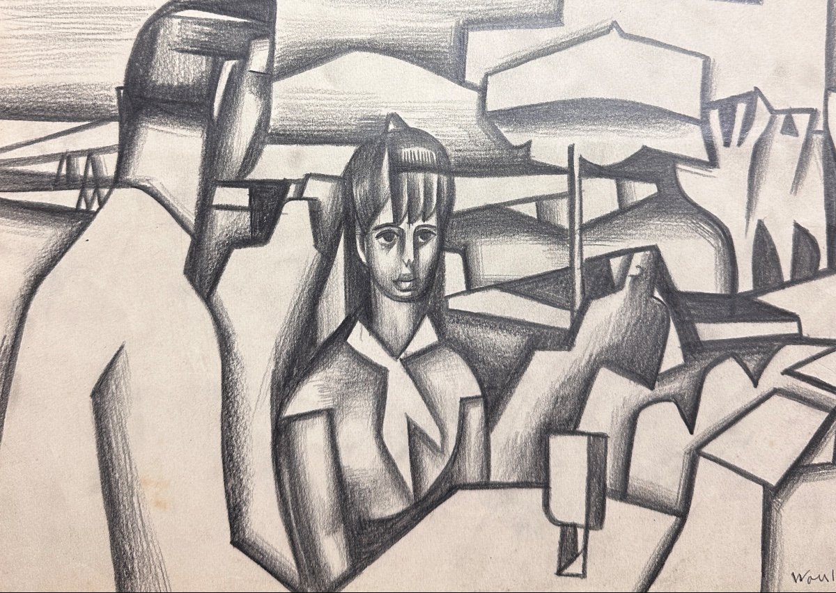 Marius Woulfart Dessin  Cubiste Portrait Couple Terrasse De Café Bord De Mer Cannes Judaica -photo-2