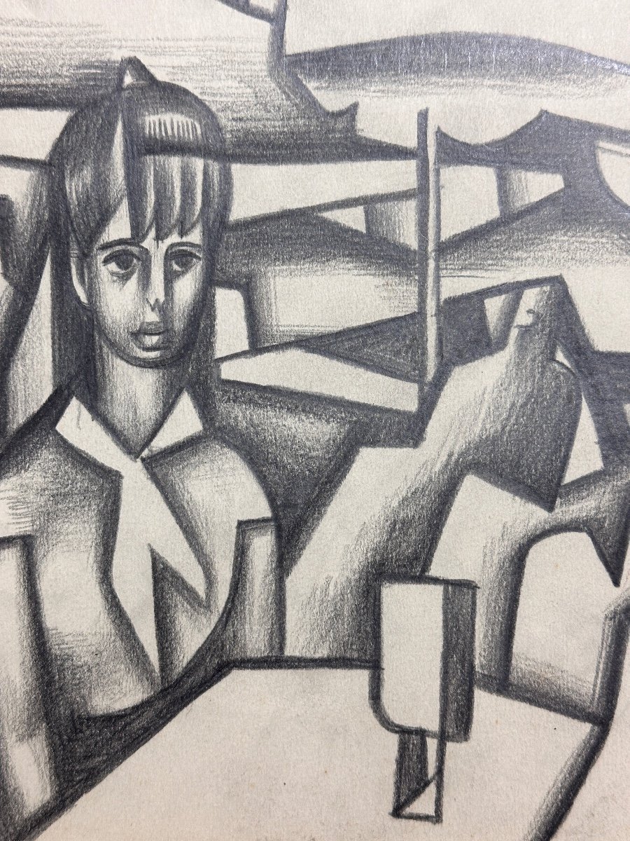 Marius Woulfart Dessin  Cubiste Portrait Couple Terrasse De Café Bord De Mer Cannes Judaica 