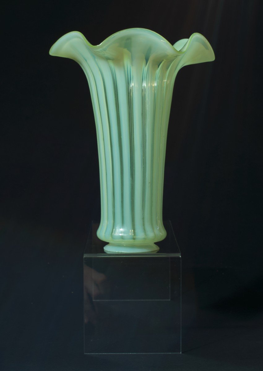 Large Art Nouveau Tulip Lamp Wes Benson Glass Ouraline Vaseline Glass 23 Cm-photo-5