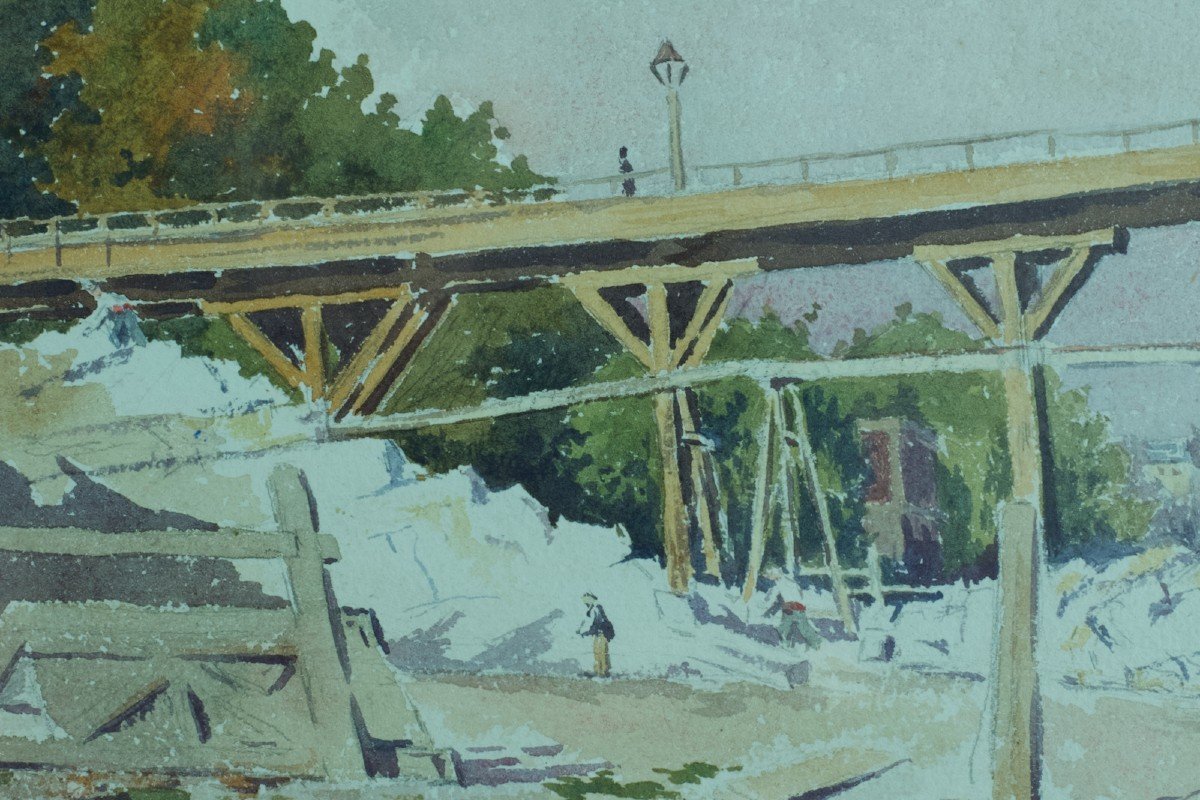 Henri Bréard  Dessin Paysage Portrait Promeneur Travaux Pont Paris Seine Parisien -photo-1