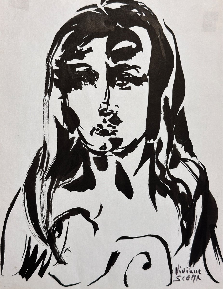 Vivianne Scema Old Drawing / Ink On Paper Portrait Of Young Jewish Woman-photo-2