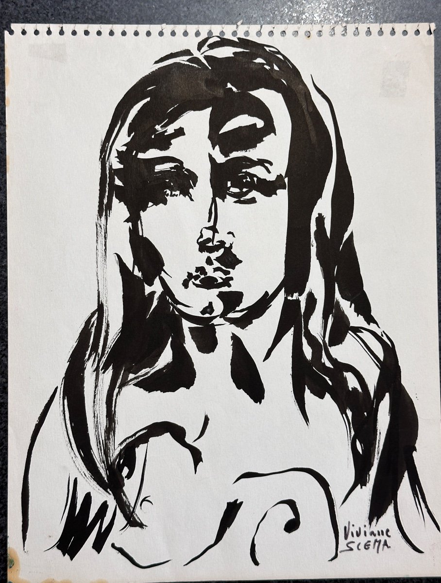 Vivianne Scema Ancien Dessin /encre Sur Papier  Portrait De Jeune Femme Judaïca-photo-4