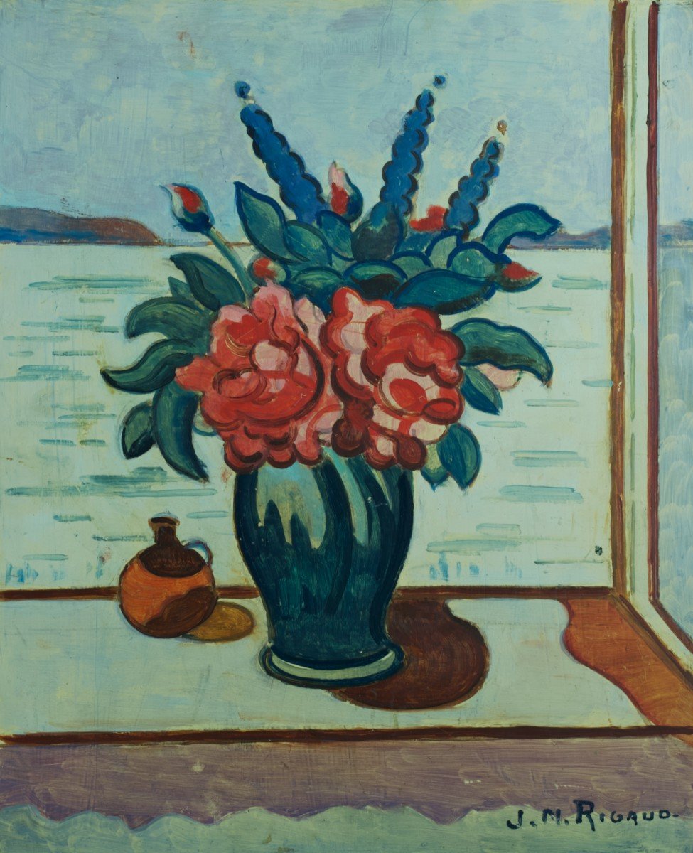 Rigaud Old Painting Oil On Panel Still Life Marine Window Seaside Corsica Provence -photo-3