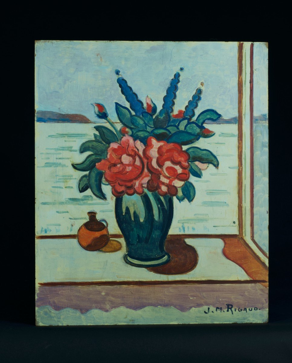 Rigaud Old Painting Oil On Panel Still Life Marine Window Seaside Corsica Provence -photo-4