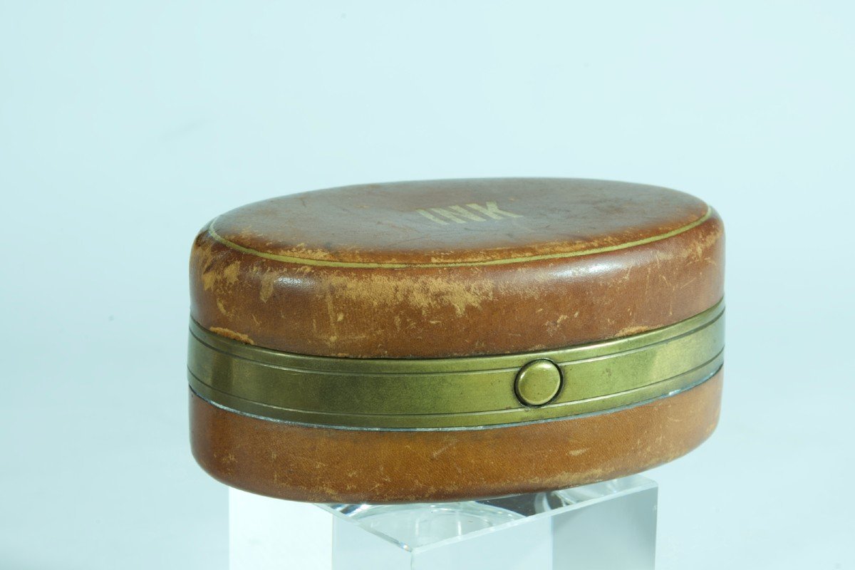 Antique Leather Travel Inkwell Candle Holder Railway Kk Priv. Austria-photo-2