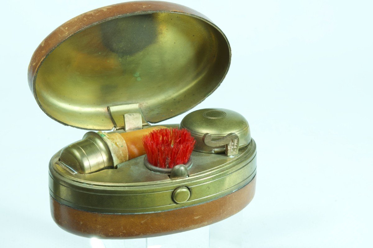 Antique Leather Travel Inkwell Candle Holder Railway Kk Priv. Austria-photo-4