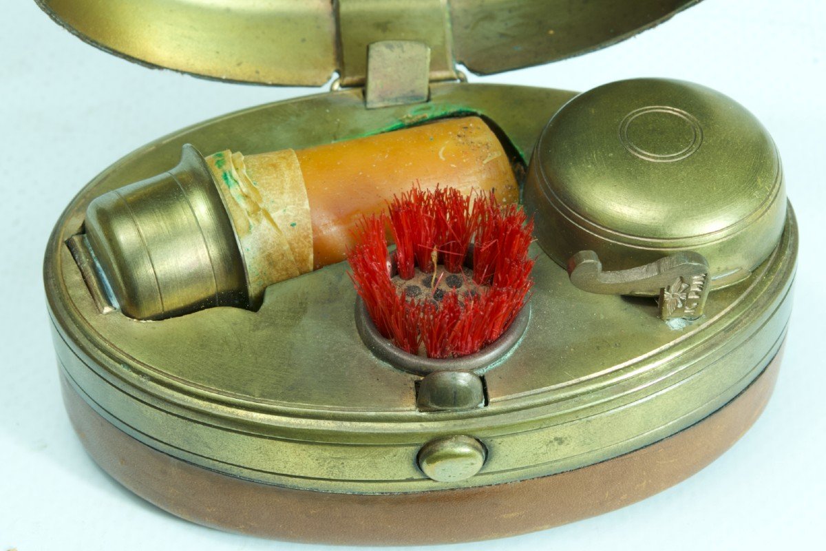 Antique Leather Travel Inkwell Candle Holder Railway Kk Priv. Austria-photo-1