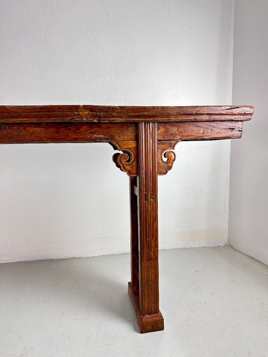 Ancienne Grande Table Console Chine 18 ème Bois Sculpté 2,45m Ajouré-photo-3